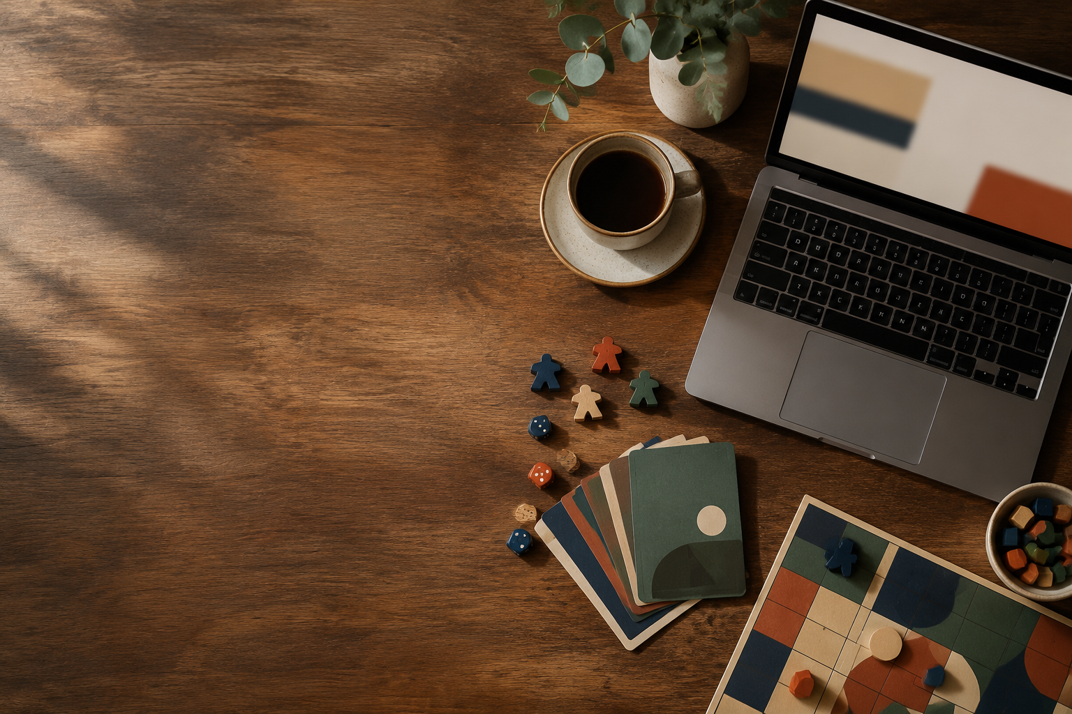 Coffee, tabletop game pieces, and a laptop arranged on a warm café table